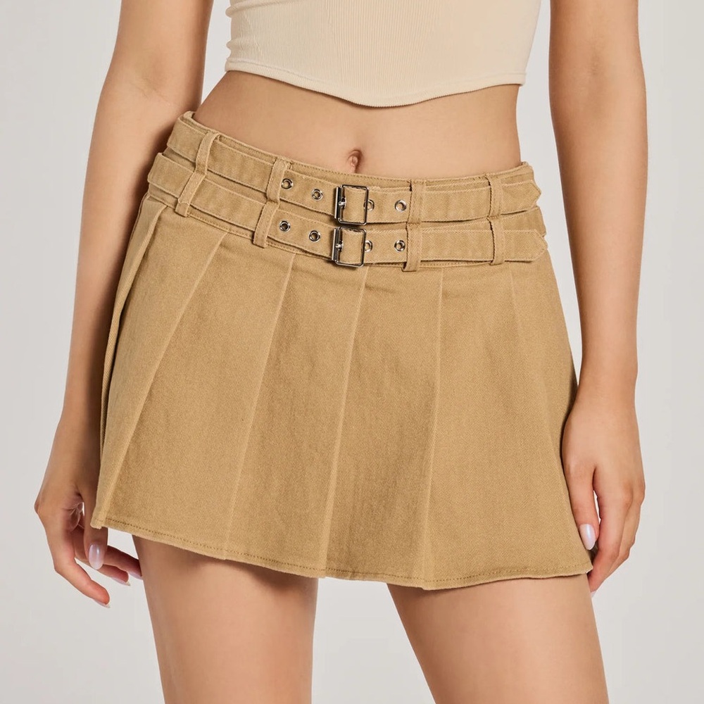 Windsor Tan Pleated Mini Skirt with Double Buckle Waist